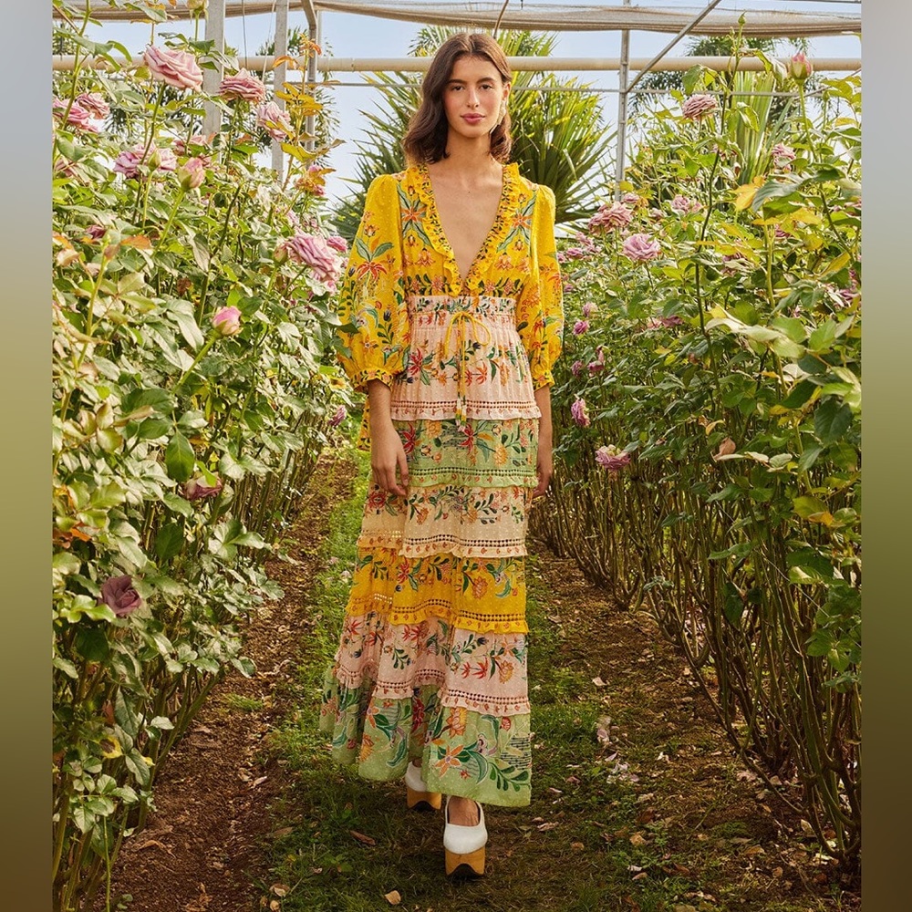 Farm Rio Delicate Flowers Long Sleeve Maxi Dress